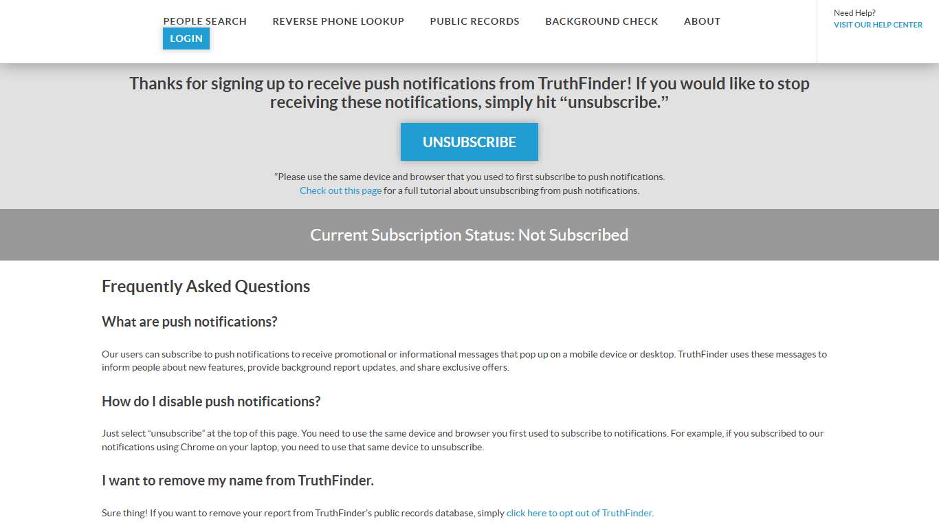 TruthFinder Push Notifications | Unsubscribe from Push Notifications
