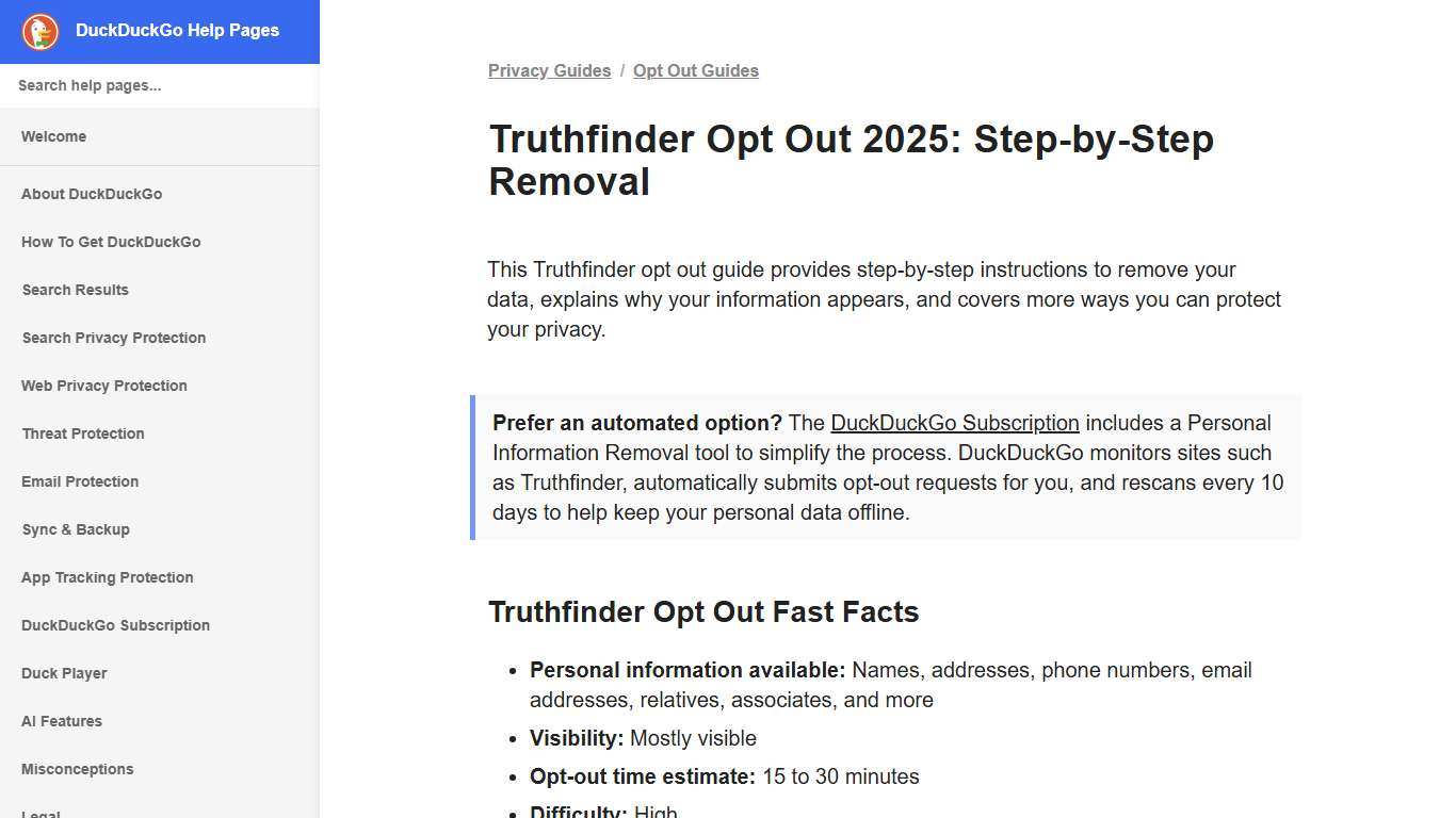 Truthfinder Opt Out 2025: Step-by-Step Removal - DuckDuckGo Help Pages